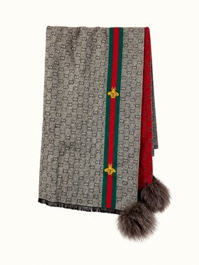 Mitchies Gray Red Bee Stripe Pom-Pom Scarf NWT OS